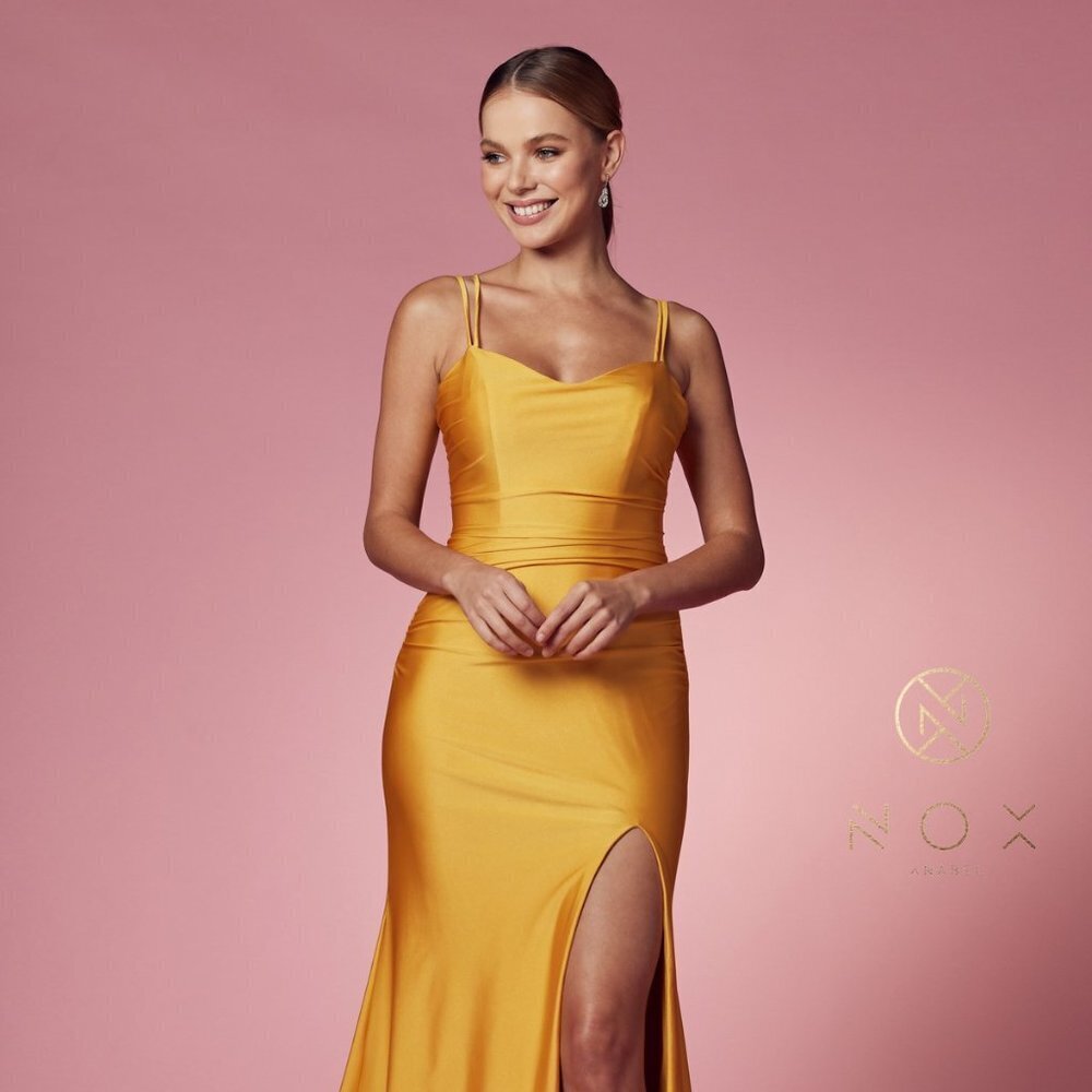 NEW SUNFLOWER LONG OFF SHOULDER SLEEVELESS SATIN SHEATH DRESS WITH ZIP NXT481